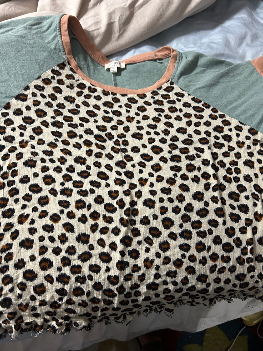 Umgee Mint and Peach Leopard Trim Ringer Tee